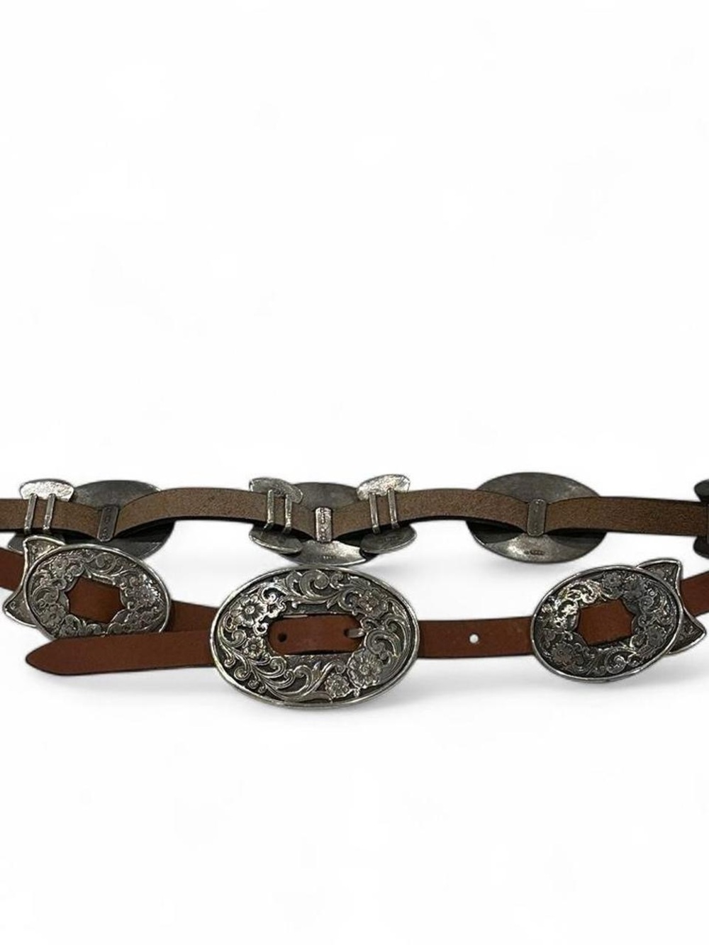 Vintage 1994 Tony Lama Western Silver Concho Belt Brown Leather Size 30 Women’s - Picture 2 of 5